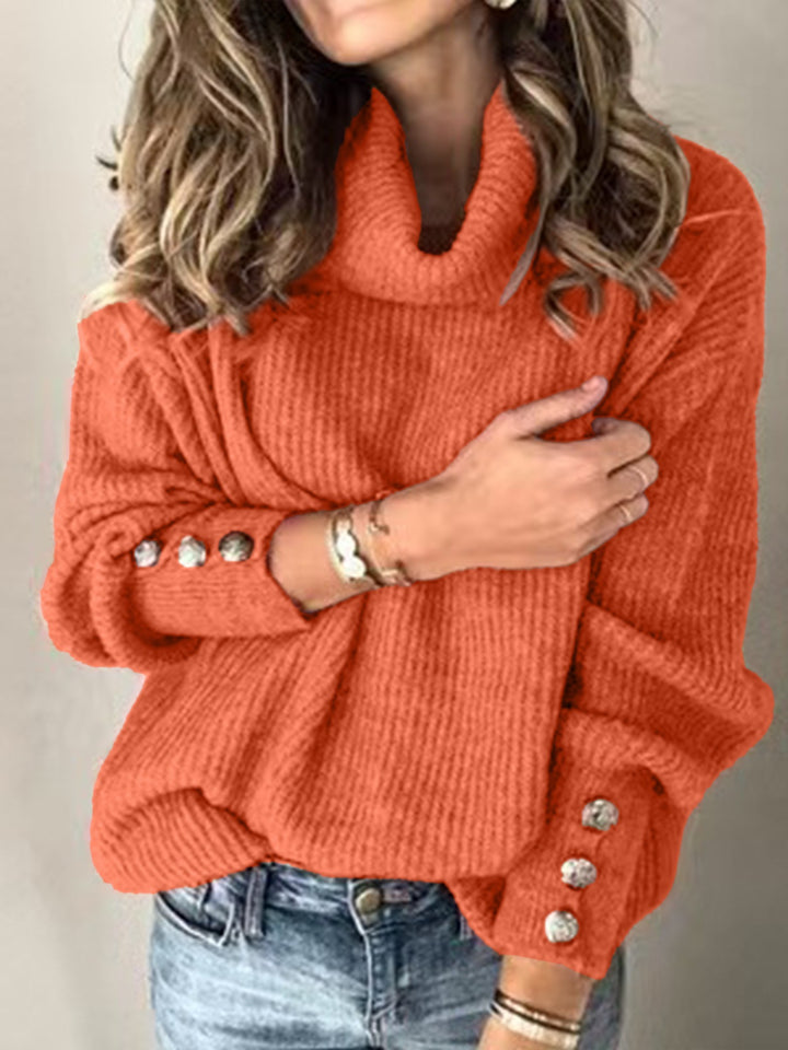 Damen Kuscheliger Oversize Rollkragenpullover mit Zierknöpfen an den Ärmeln Drune
