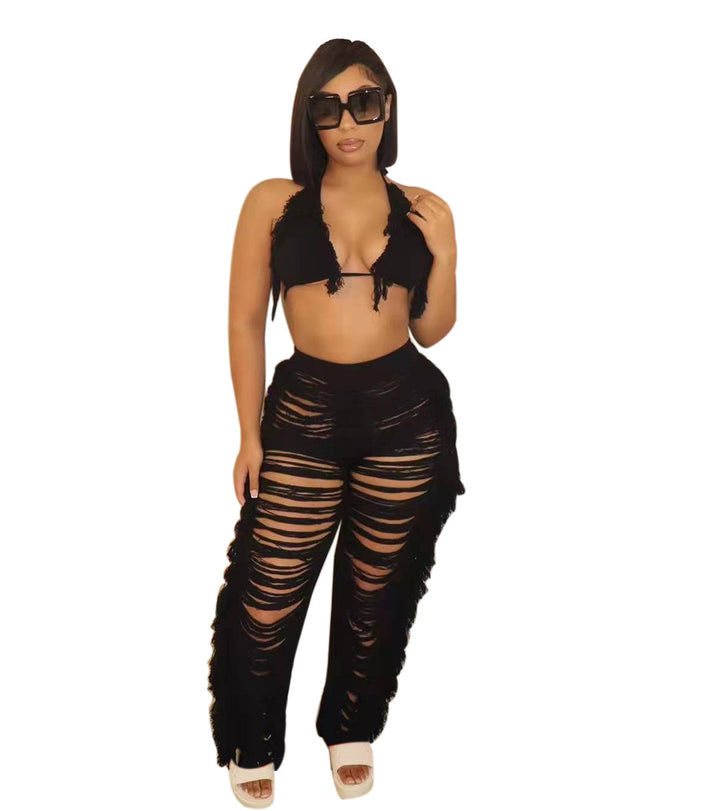Damen Strandoutfit mit fransigem Crop-Top und lässiger Hose Drune