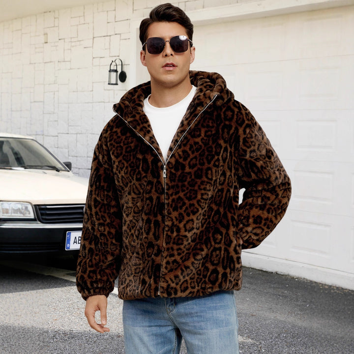 Herren Flauschige Kunstpelzjacke mit modischem Leopardenmuster Drune