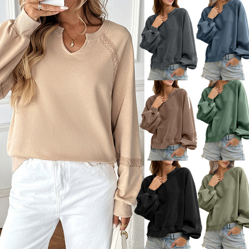Damen Lässiges Sweatshirt mit V-Notch, Spitzeneinsätzen und Ballonärmeln Drune