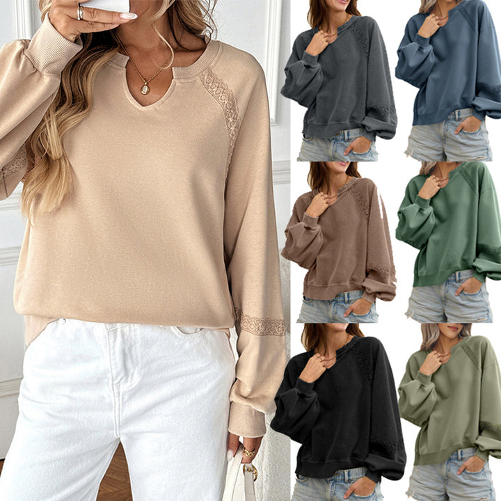 Damen Lässiges Sweatshirt mit V-Notch, Spitzeneinsätzen und Ballonärmeln Drune