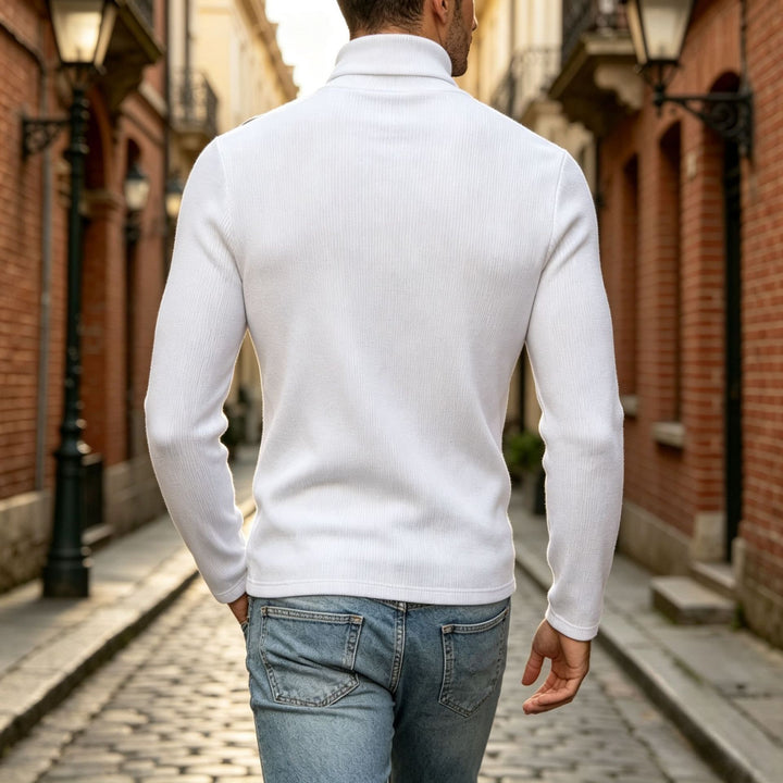 Herren Slim-Fit Rollkragenpullover mit asymmetrischer Zierknopfleiste aus Rippstrick Drune