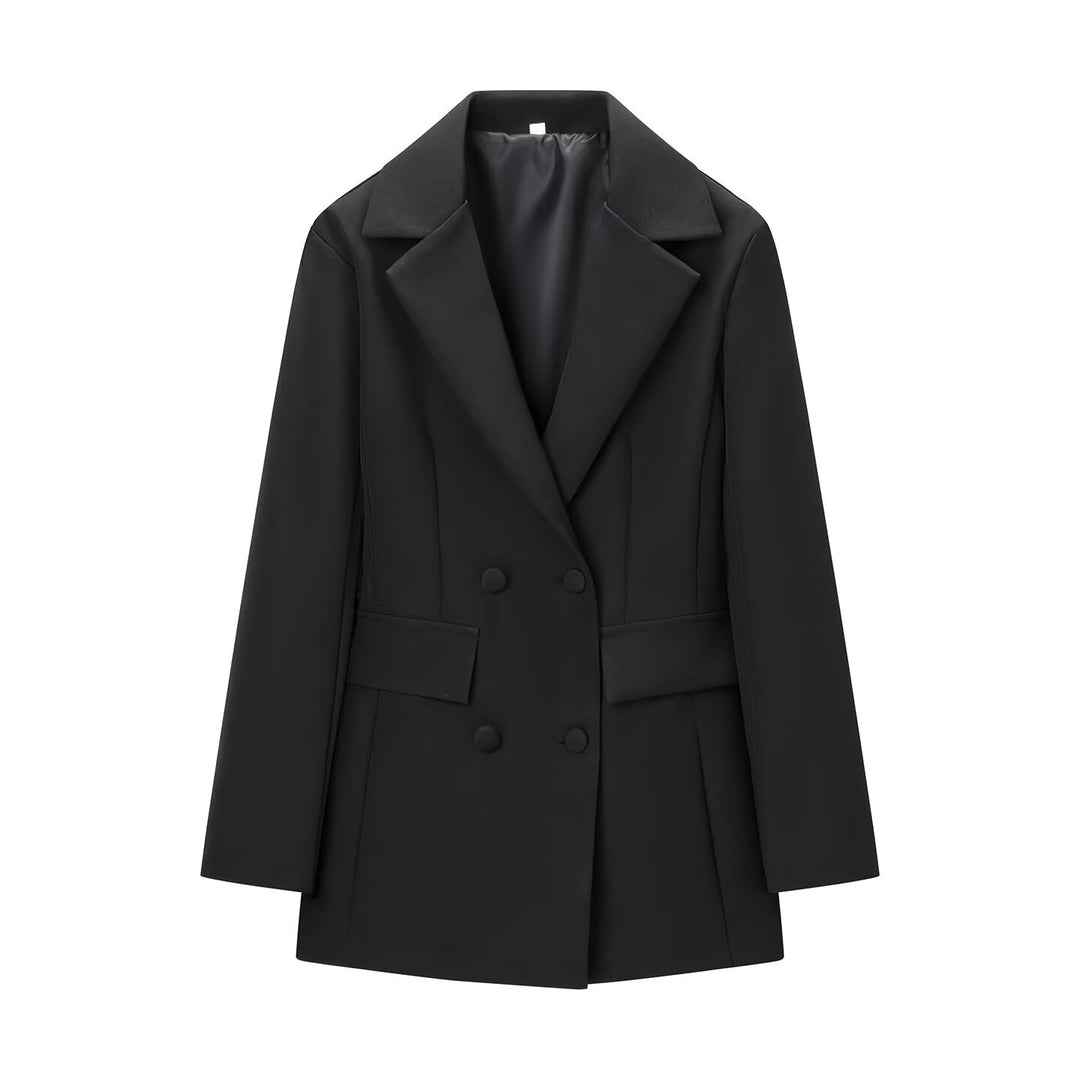 Damen Doppelreihiger Longline-Blazer mit Taillenabnähern und Pattentaschen Drune