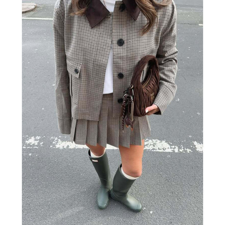 Damen Karomuster Blazerjacke mit kurzen Ärmeln und passender Minirock Drune