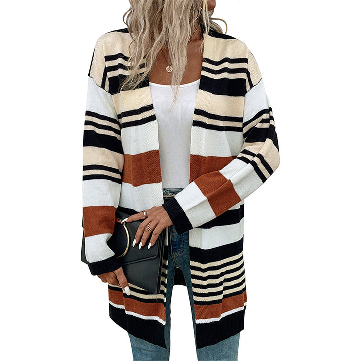 Damen Oversize Strickcardigan mit Blockstreifen, offener Front und langen Ärmeln Drune