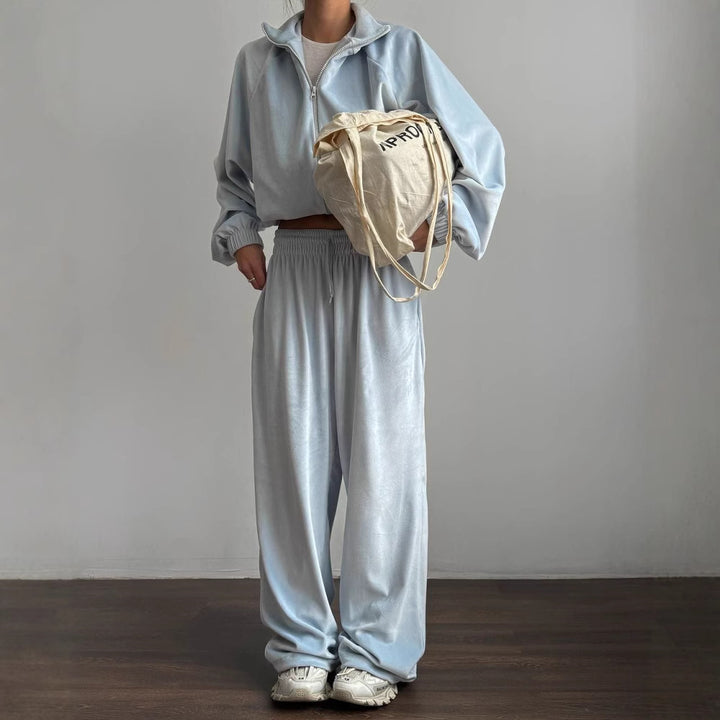 Damen lässiges Lounge-Zweiteiler Set mit Oversize Zipjacke und weitem Bundhose Drune