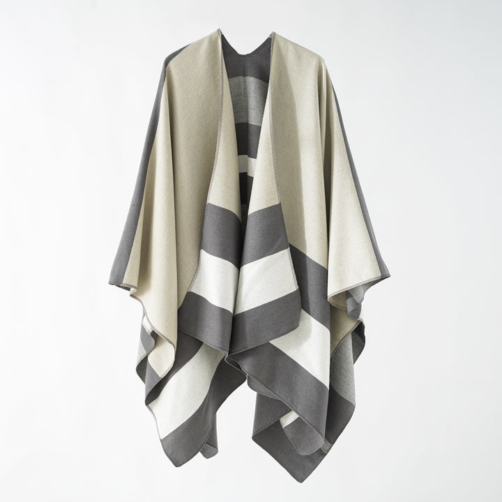 Damen Oversize-Ruana im Cape‑Stil aus Wolloptik mit geometrischen Blockstreifen Drune