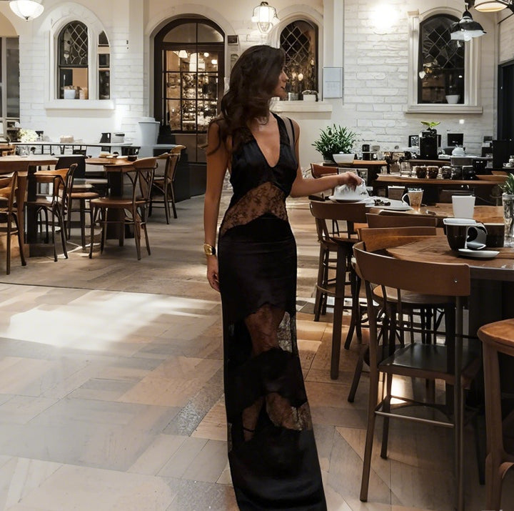 Damen verführerisches Chiffon Spitzenkleid mit tiefem V-Ausschnitt und transparenten Details Drune