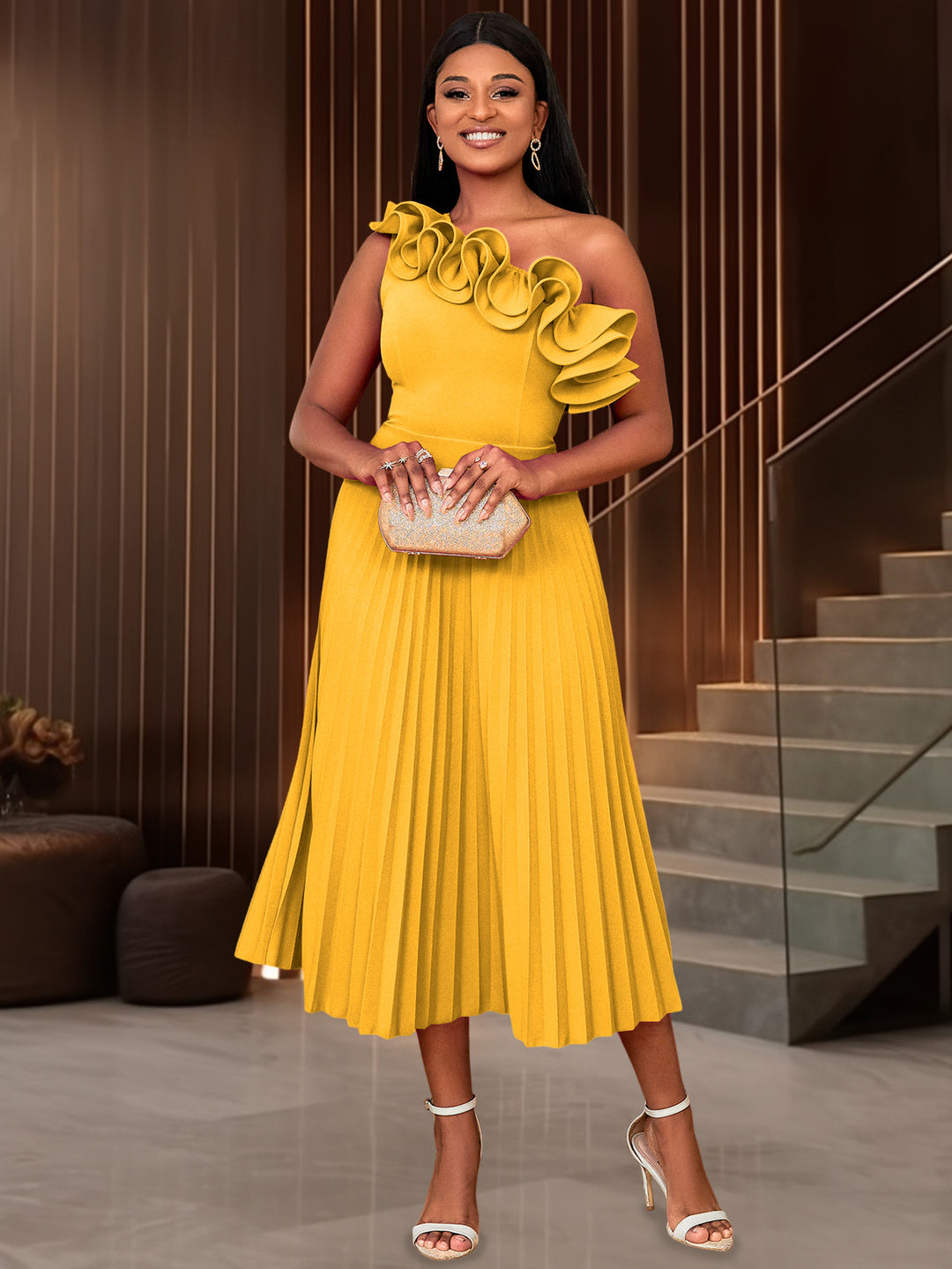 Damen Faltendes Maxikleid mit asymmetrischem Ausschnitt und Rüschen Drune