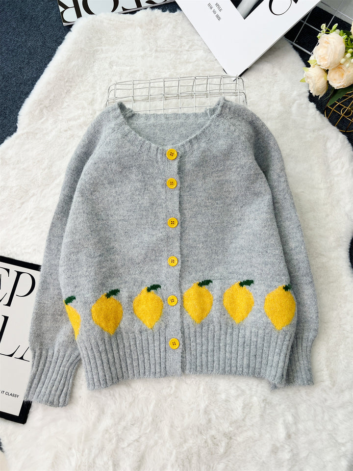 Damen kuschelige Strickjacke mit Zitronen-Motiv und bunten Knöpfen Drune