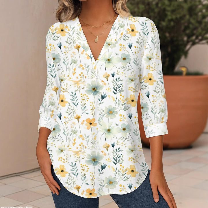 Damen Florale V-Ausschnitt Tunika-Bluse mit dreiviertel-Ärmeln und abgerundetem Saum Drune