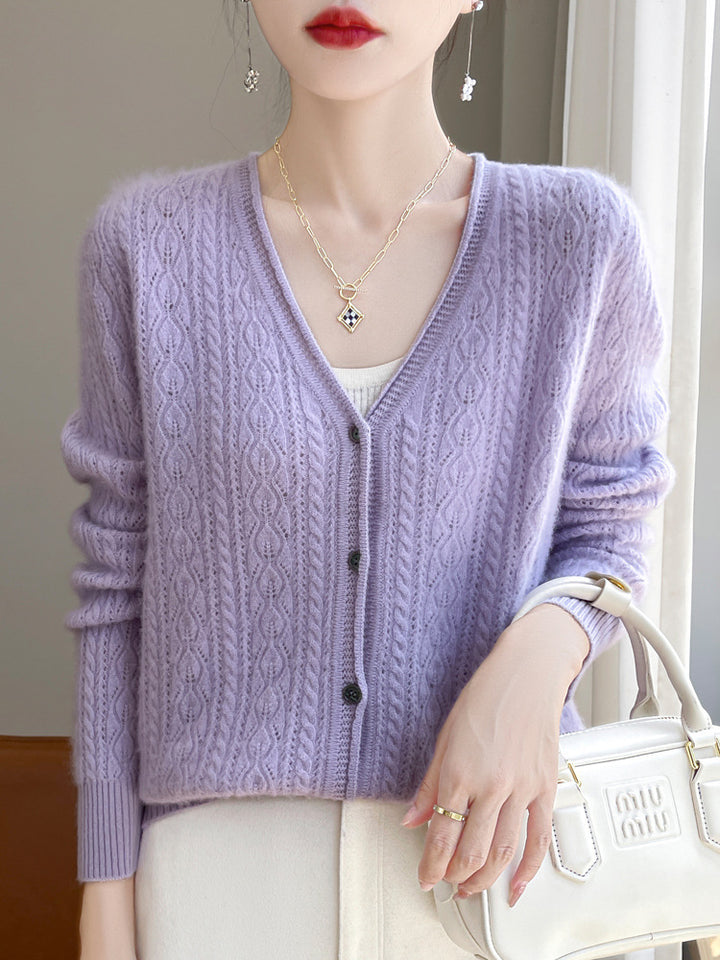 Damen Kurzer Zopfmuster-Cardigan im Mohair-Look mit V‑Ausschnitt und gerippten Bündchen Drune