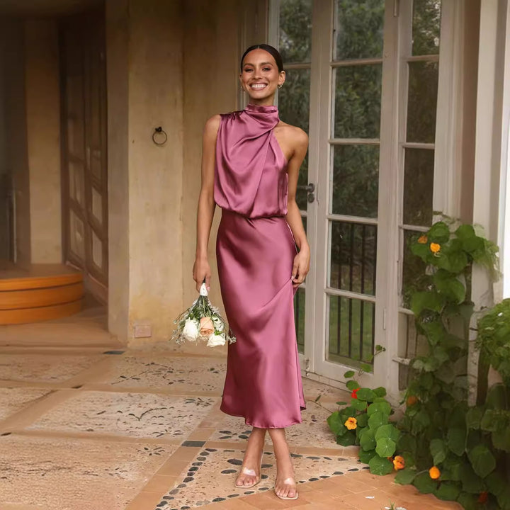 Damen Maxi-Kleid mit asymmetrischem Oberteil und fließendem Satin Drune