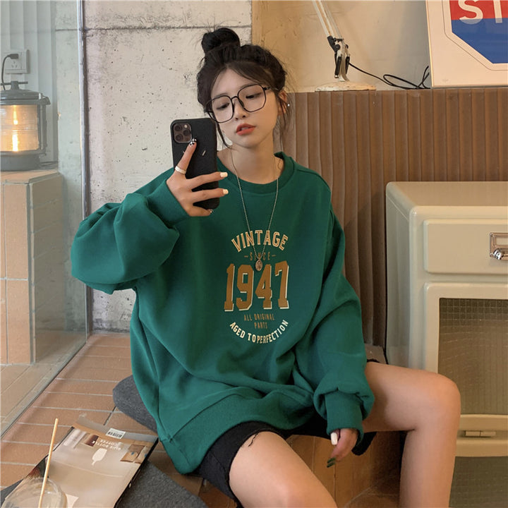 Damen lässiger Oversized Sweatshirt mit Vintage-Druck Drune