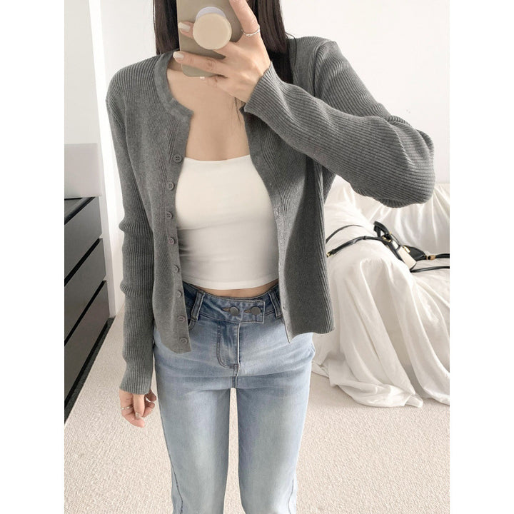 Damen Feiner Rippstrickcardigan mit langen Ärmeln und Knopfverschluss Drune