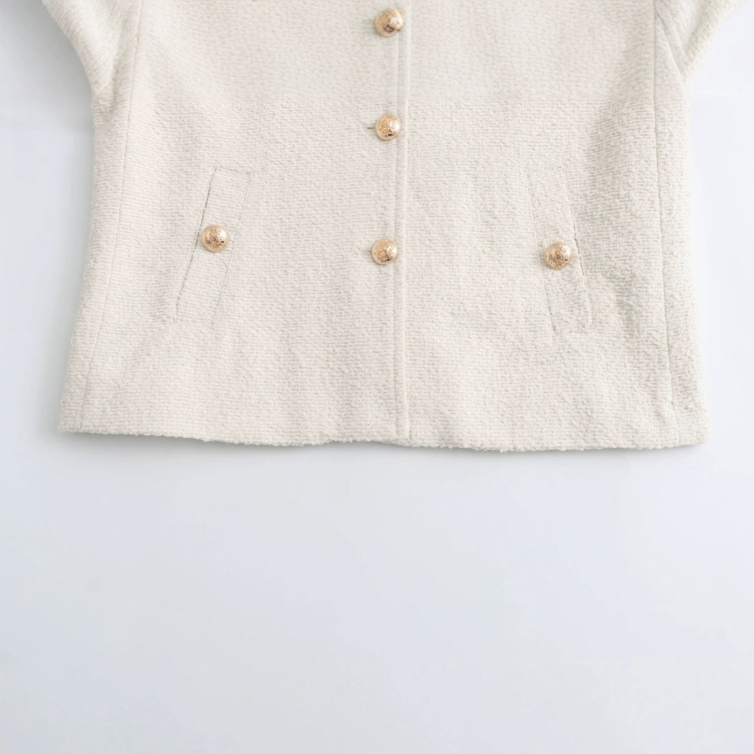 Damen nan elegante Bouclé-Croppedjacke mit Rundhalsausschnitt, goldknopf-Details und aufgesetzten Gürteltaschen Drune