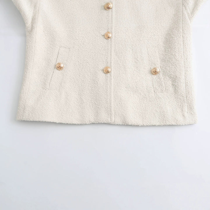 Damen nan elegante Bouclé-Croppedjacke mit Rundhalsausschnitt, goldknopf-Details und aufgesetzten Gürteltaschen Drune