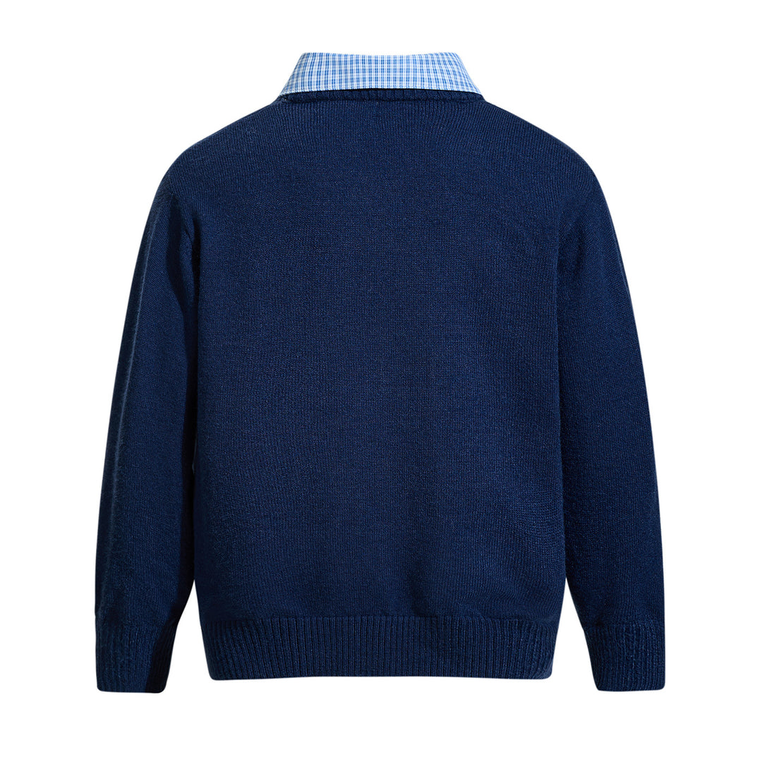 Herren Rundhalspullover mit eingesticktem Logo und Layer‑Hemdkragen Drune