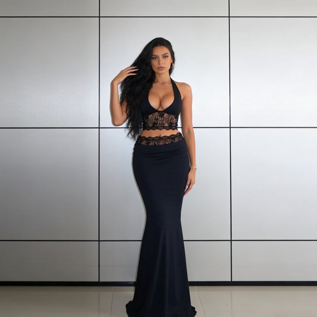 Damen Elegantes Spitzen-Crop-Top mit hochgeschnittenem Maxiröckchen Drune