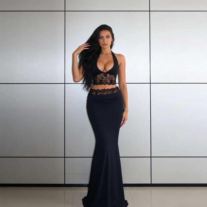 Damen Elegantes Spitzen-Crop-Top mit hochgeschnittenem Maxiröckchen Drune