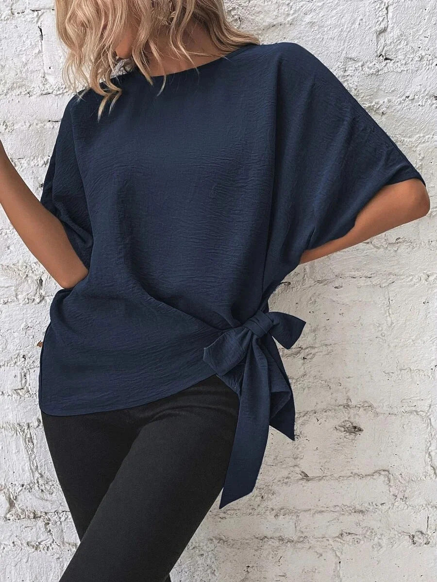 Damen Oversize-Bluse mit Seitenschleife und Fledermausärmeln Drune
