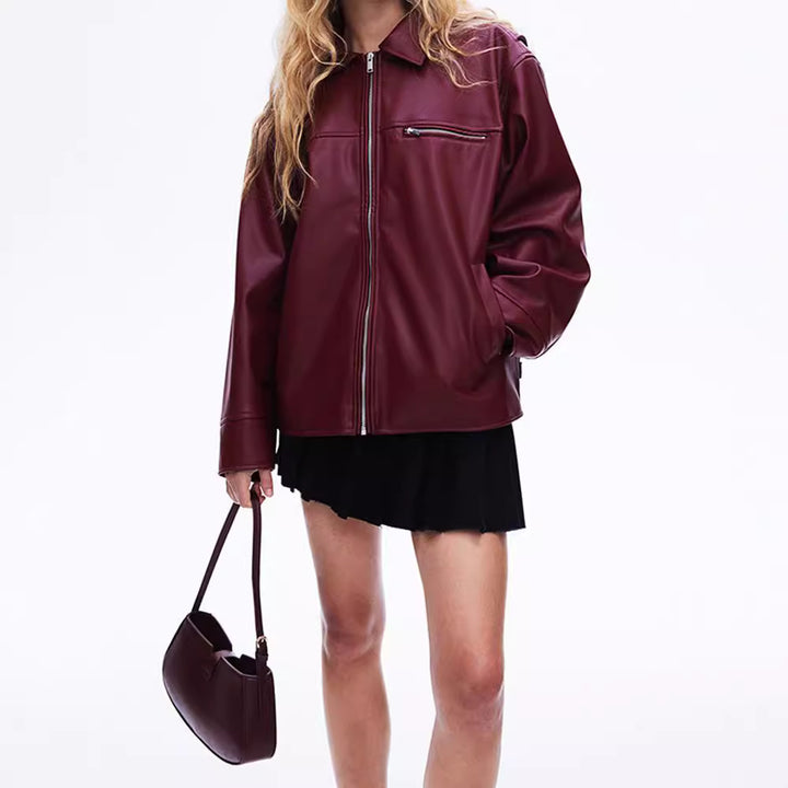 Damen modische Kunstlederjacke mit elastischem Saum und modernem Schnitt Drune