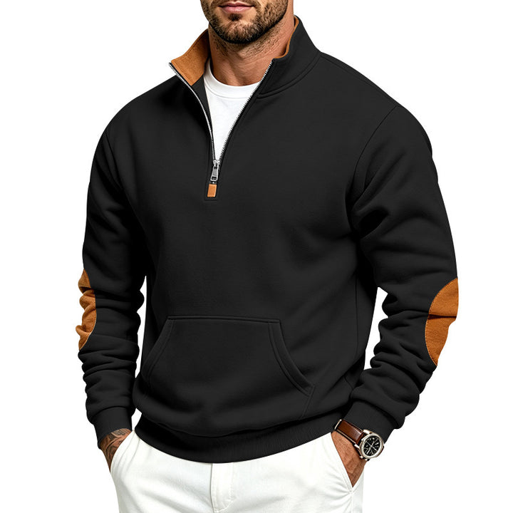 Herren Troyer-Pullover mit halbem Reißverschluss, Kängurutasche und Ellbogen-Patches Drune