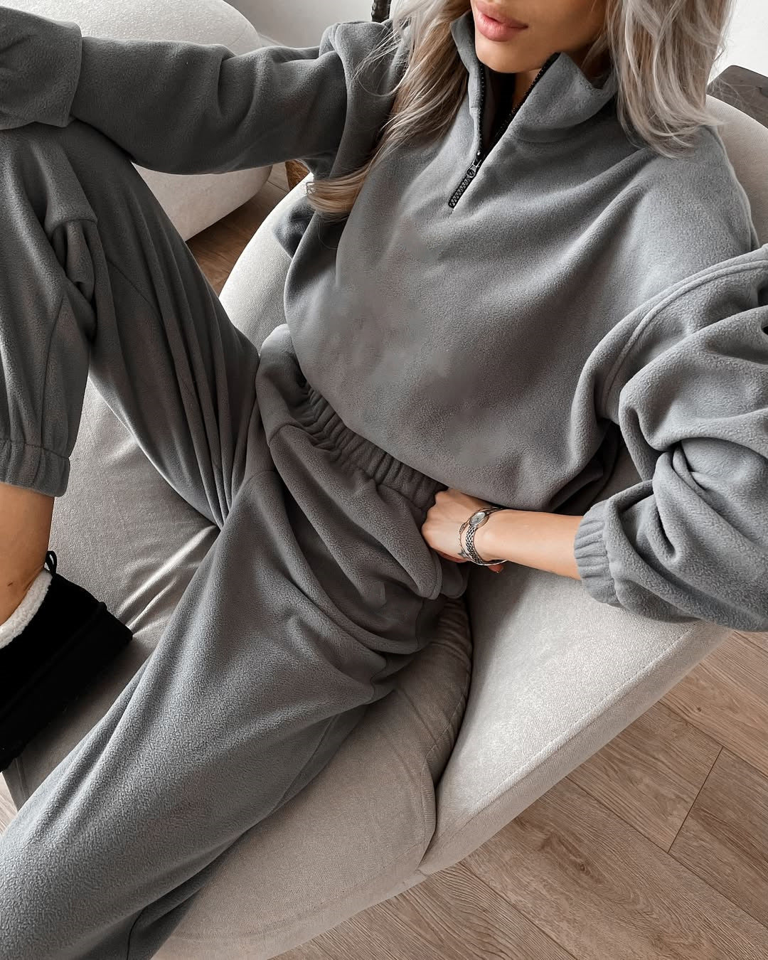 Damen Ultraweiches Fleece-Relaxset mit Stehkragen, halbem Reißverschluss und elastischer Schlupfhose Drune