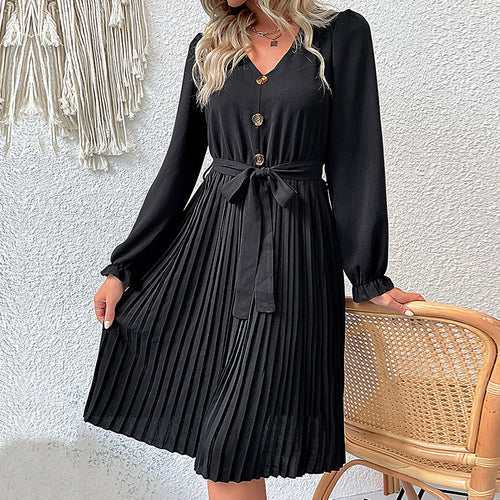 Damen Elegantes Plisseekleid mit Taillengürtel Drune