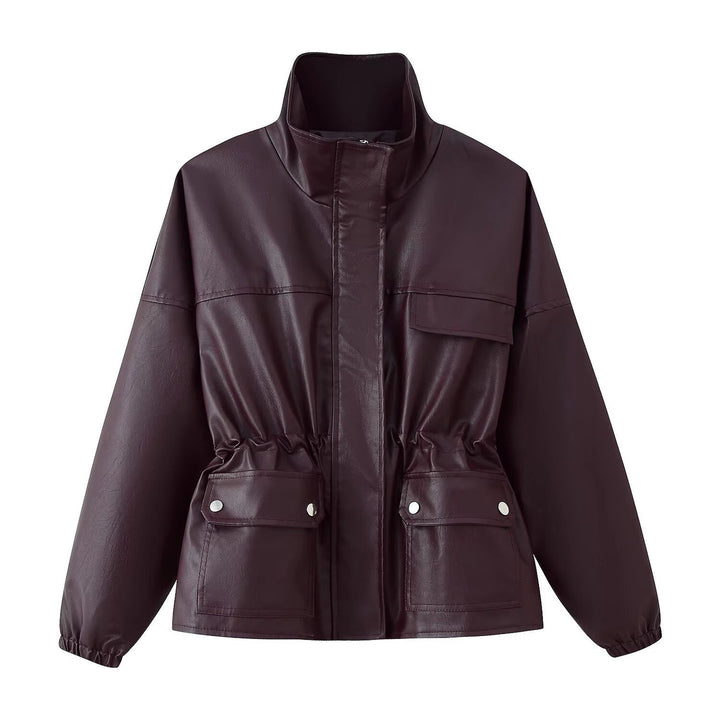 Damen Kunstleder-Parka mit Stehkragen, Taillenzug und aufgesetzten Klappentaschen Drune