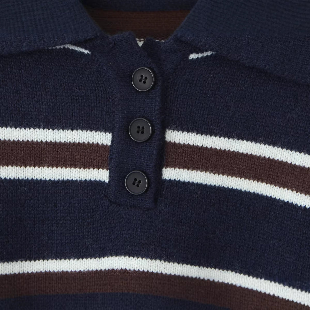 Damen Gestreifter Oversize-Strickpullover mit Polokragen und Rippbündchen Drune
