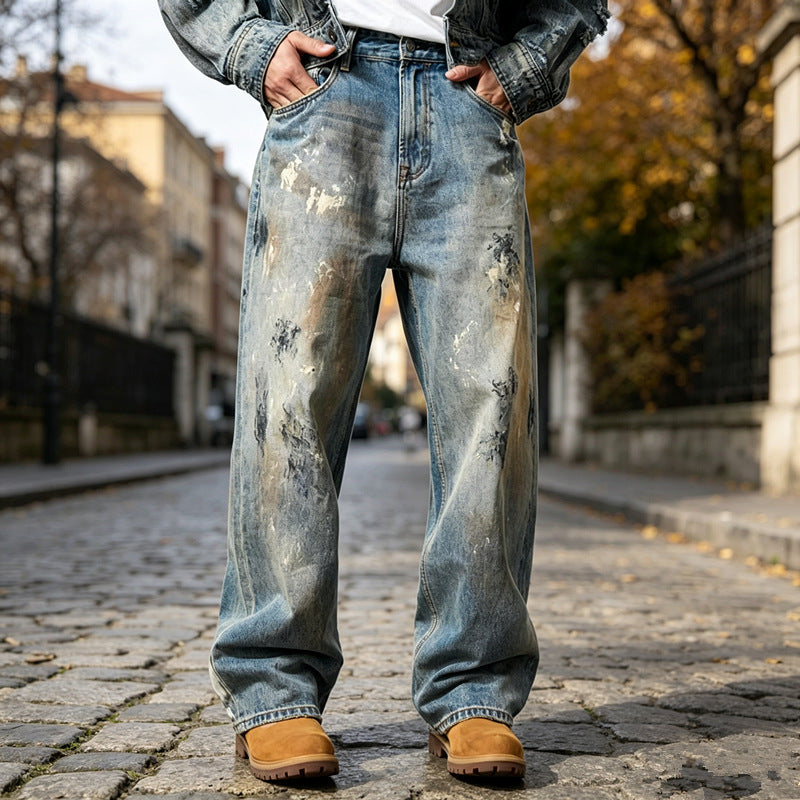 Herren Weite Denim-Jeans im Used-Look Drune