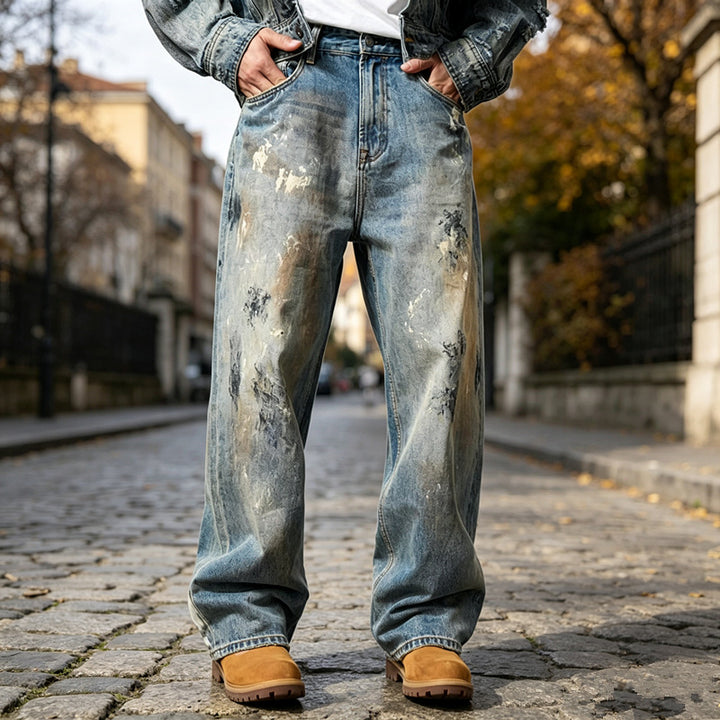 Herren Weite Denim-Jeans im Used-Look Drune