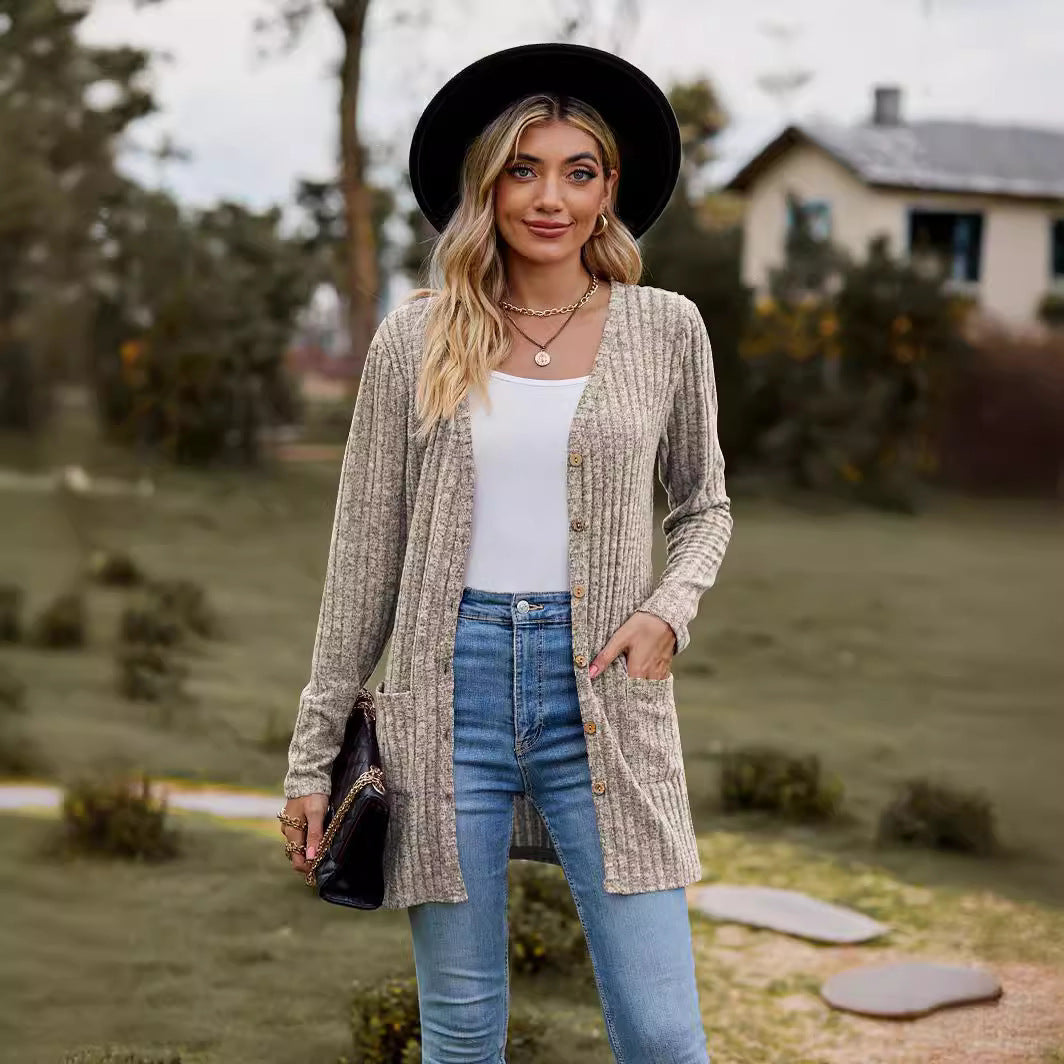 Damen Strickjacke mit vertikalem Rippenmuster und Taschen Drune