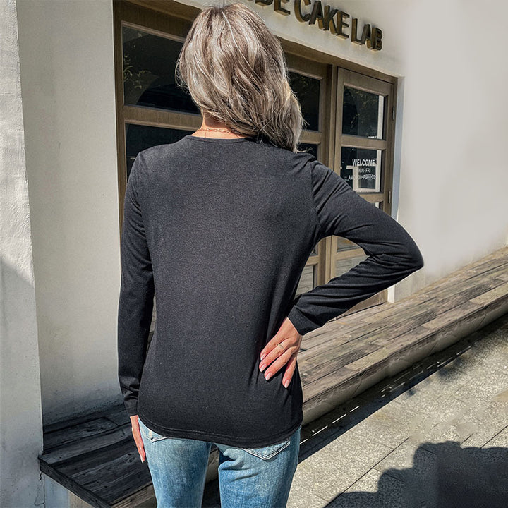 Damen Langarmshirt mit kontrastierendem Leoparden-Panel und V‑Ausschnitt Drune
