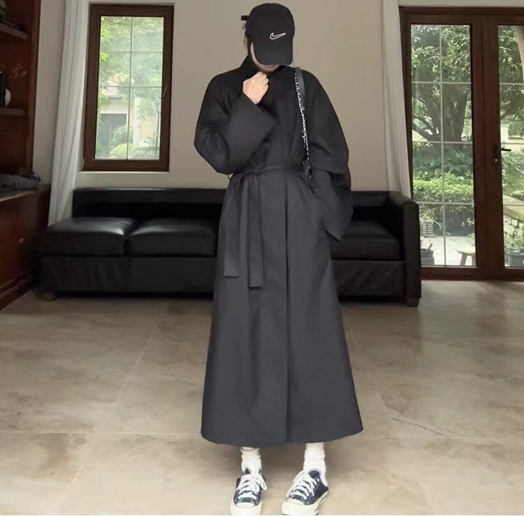 Damen Langer Mantel im Kimono-Stil mit Bindegürtel und weiter A-Linie Drune