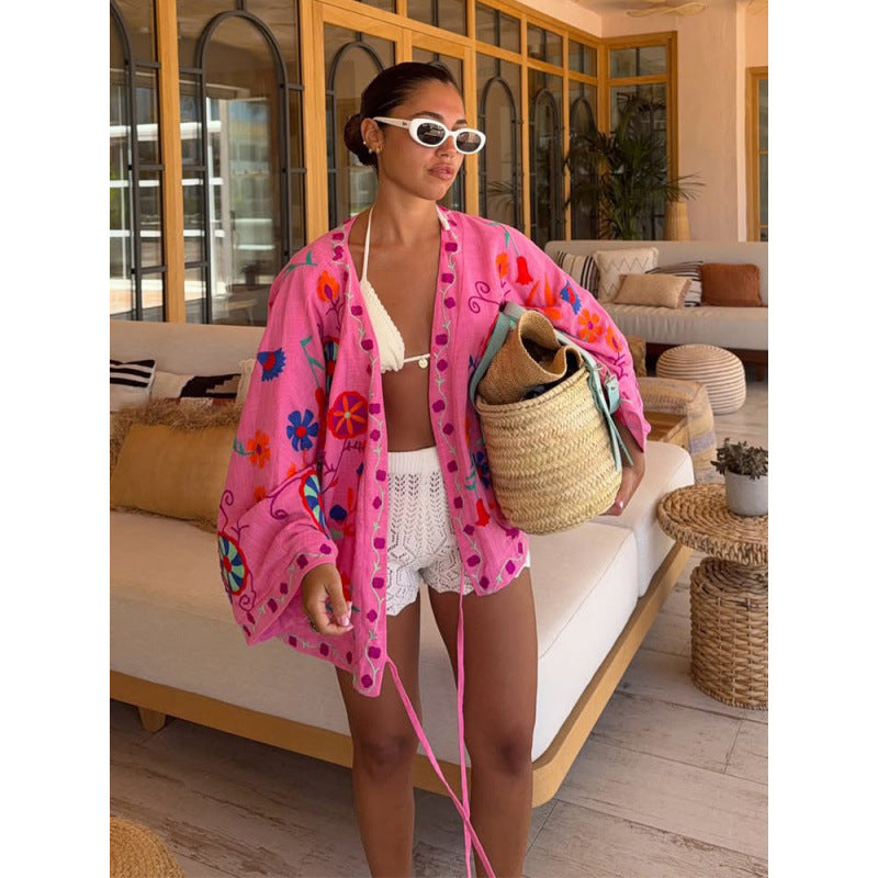 Damen Bestickter Kurzkimono mit überweiten Ärmeln und farbenfroher Boho-Stickerei Drune