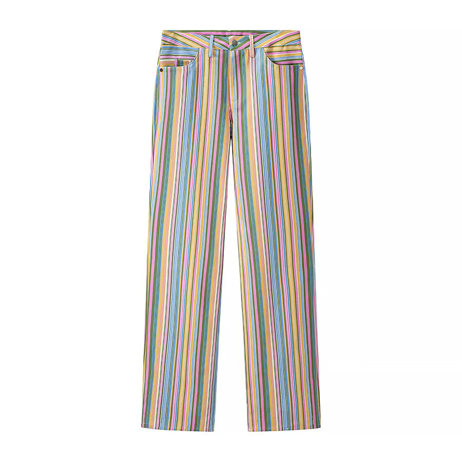 Damen nan gestreifte Highwaist Hose gerade geschnitten mit weitem Bein und klassischem Taschen-Design Drune