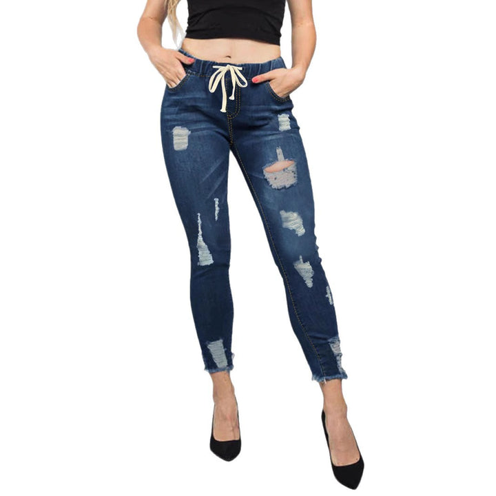 Damen Hochtaillierte Destroyed-Jogger-Jeans mit elastischem Tunnelzugbund und gekürztem Fransen-Saum Drune