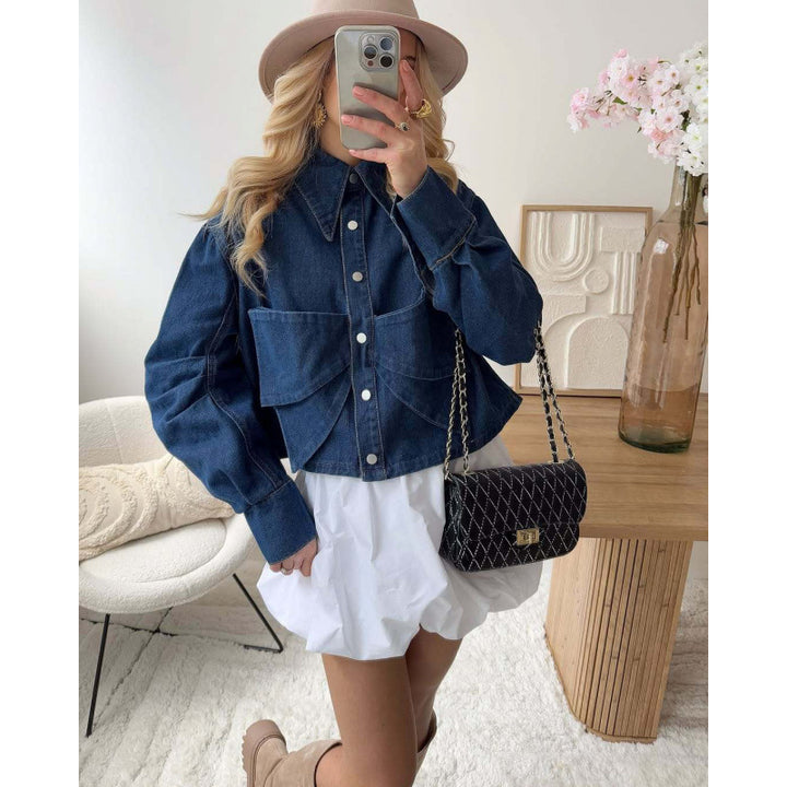Damen stylische cropped Denimjacke mit praktischen Taschen Drune