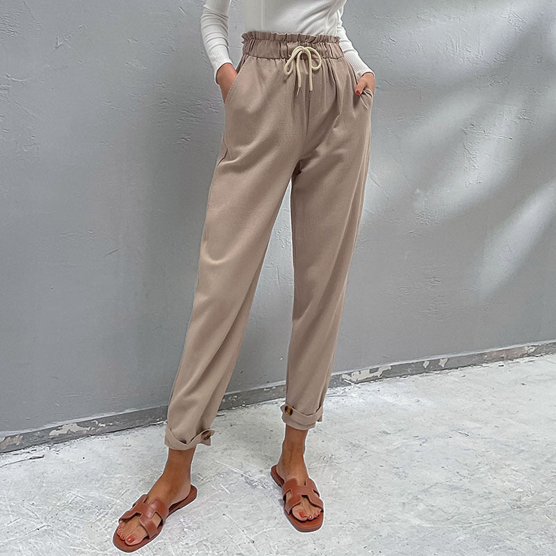 Damen Lässige Hose mit hohem Bund, Tunnelzug, Eingrifftaschen und konischer Beinform Drune