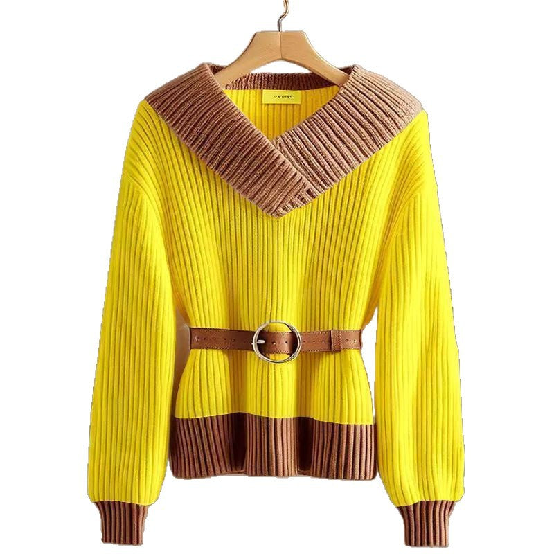 Damen Modischer und eleganter Strickpullover mit Gürtel Drune