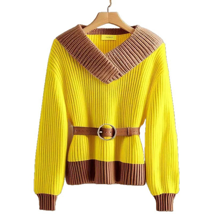 Damen Modischer und eleganter Strickpullover mit Gürtel Drune