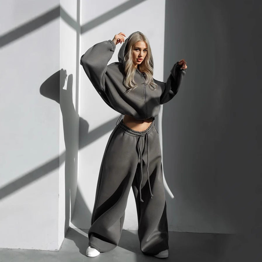 Damen gekürztes Scuba-Hoodie mit oversized Kapuze und elastischer High‑Waist Jogginghose Drune
