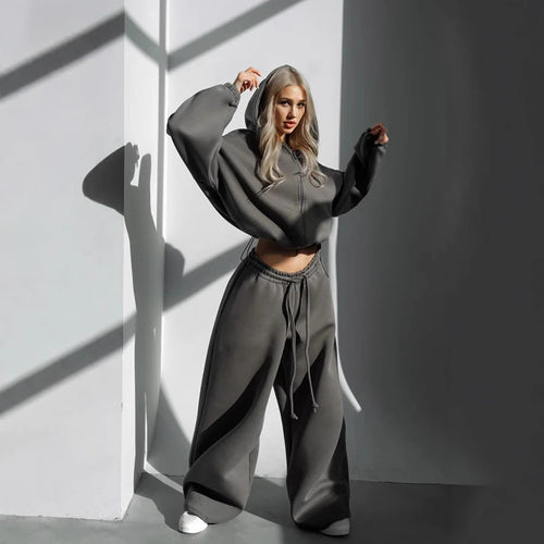 Damen gekürztes Scuba-Hoodie mit oversized Kapuze und elastischer High‑Waist Jogginghose Drune