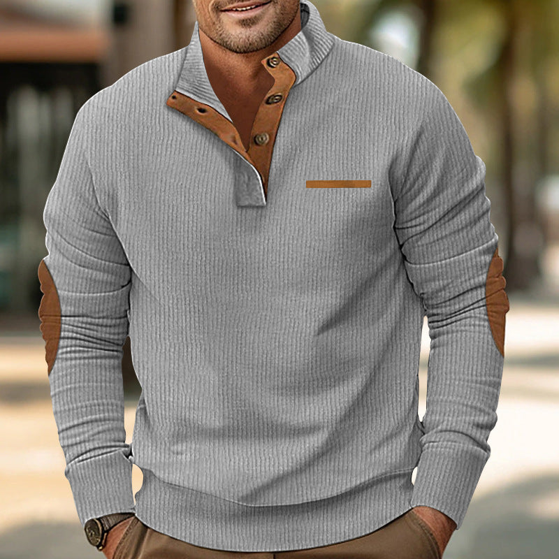Herren nan strukturiertes Halbknopf-Stehkragen-Pullover mit Wildleder-Ellbogenpatches Drune