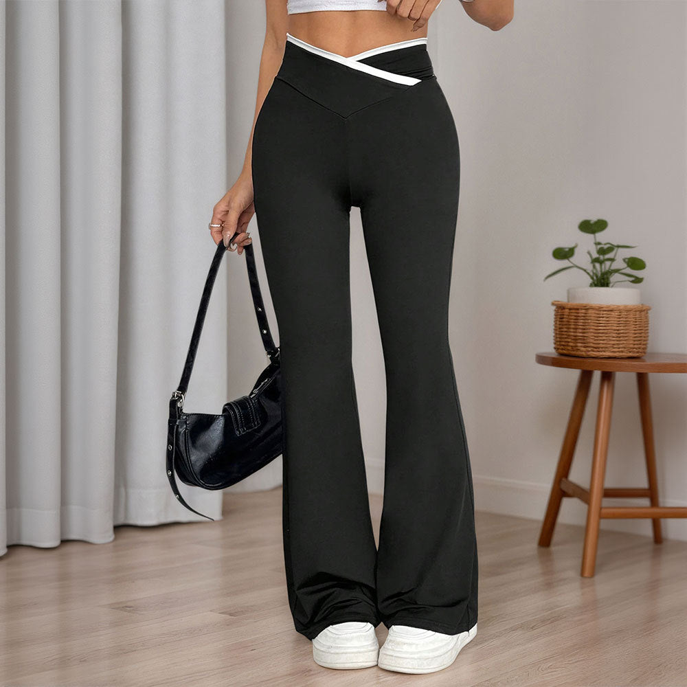 Damen figurbetonte High-Waist-Schlaghose mit V-Bund und formendem Stretchjersey Drune
