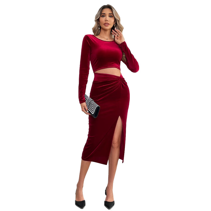 Damen elegantes Samt-Zweiteiler-Set mit langärmeligem Crop-Top, tailliertem Midirock und seitlichem Beinschlitz Drune