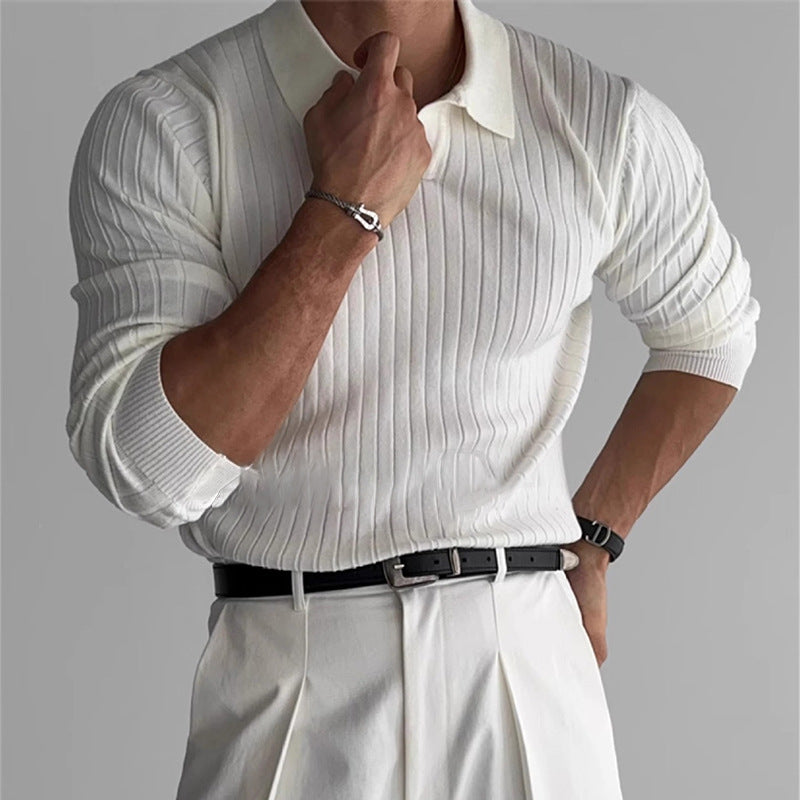 Herren nan figurbetontes Rippstrick-Polopullover mit offenem V-Ausschnitt und schmaler Passform Drune