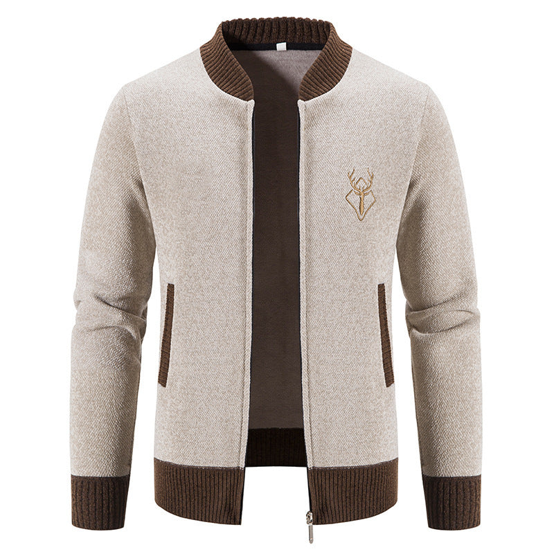 Herren nan lässiger Zip-Strickblouson mit weichem Thermofutter, geripptem Stehkragen und Hirsch-Logo Drune